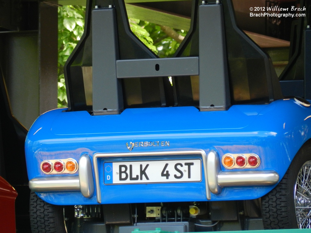 Close up detailed view of the blue train's license plate.