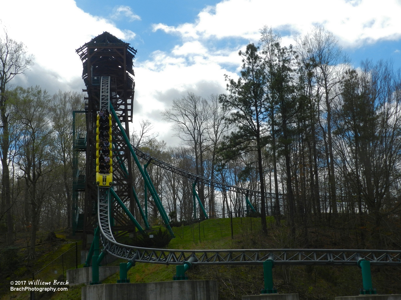 Verbolten's yellow train dropping down the Rhine Drop.