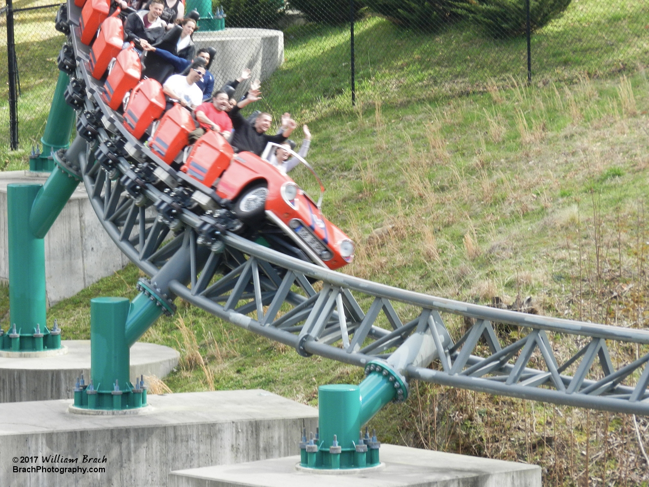 Verbolten's red train going through the Rhine Drop.