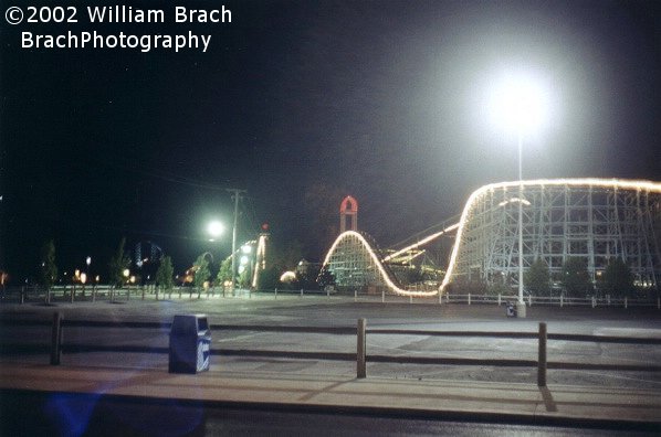 Blue Streak at night from the parking lot.