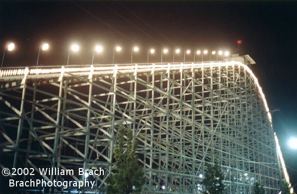 Blue Streak's lift hill - very well illuminated at night!