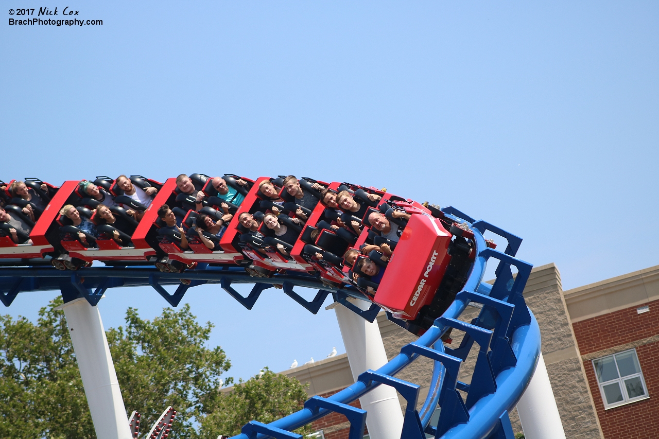 The red train headed towards the double corkscrew.