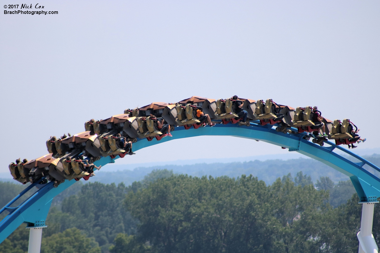 The train flying over an airtime hill.