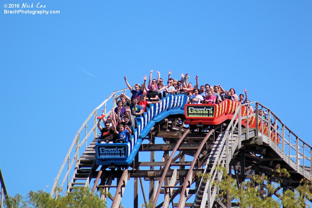 The coaster racing down the first drop.