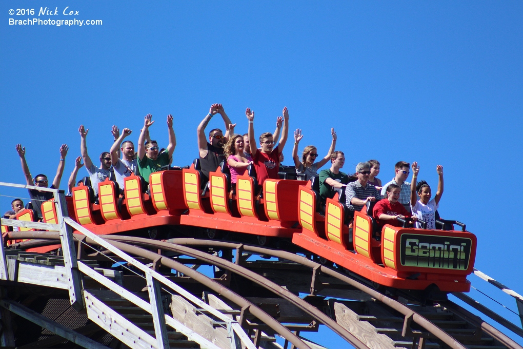 The red train headed down the drop.