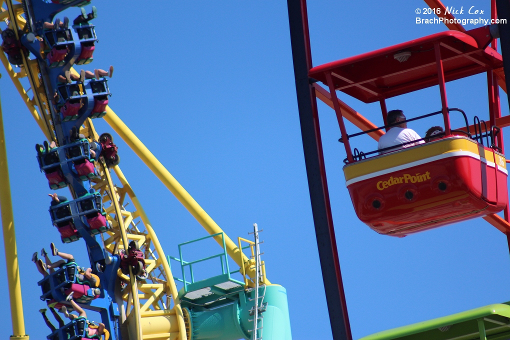 A gondola with the Wicked Twister in the background.