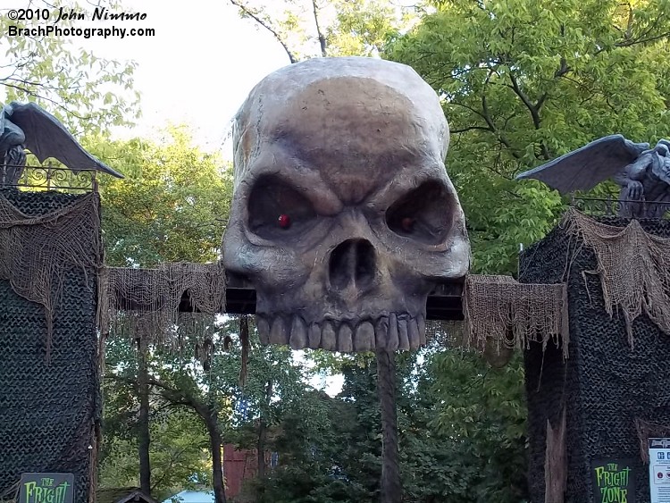 A more detailed view of the skull.  Note the eye sockets have red lights in them.  The red lighting added a much more spookier effect to the skull at night.