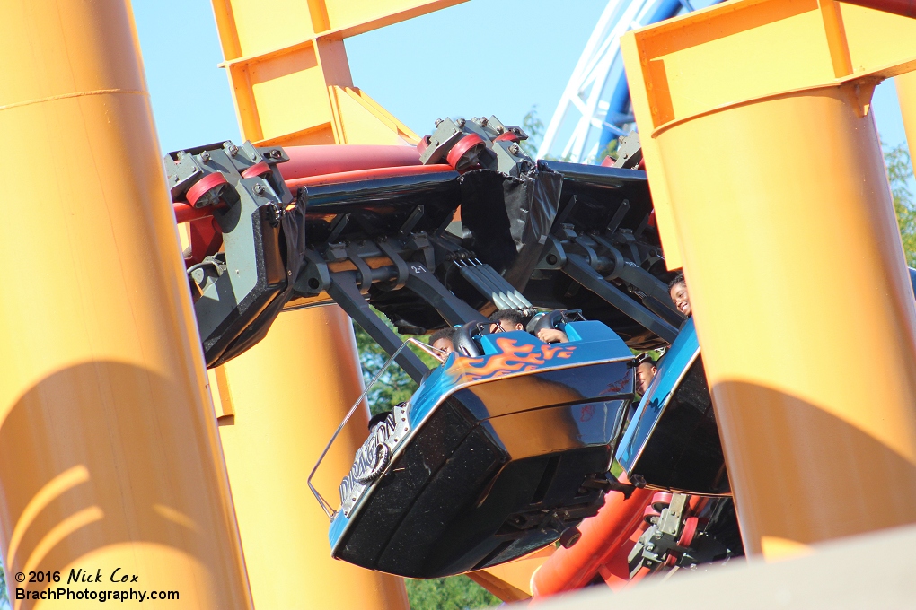 The train swinging between supports.