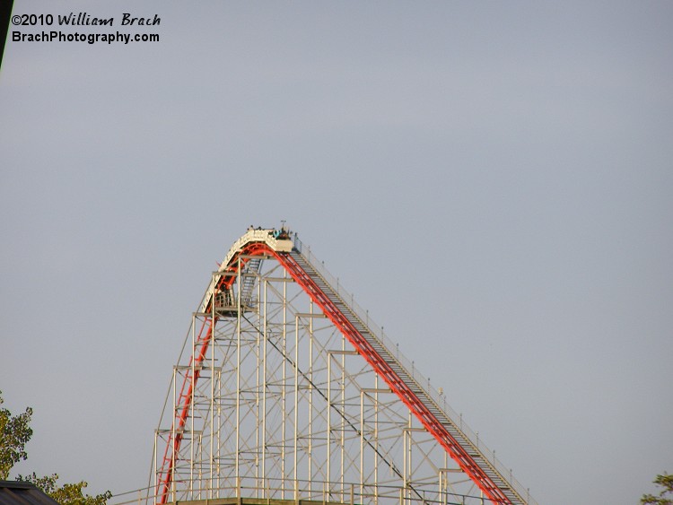 Magnum XL-200 train seen cresting the lift hill and about to embark on their journey!