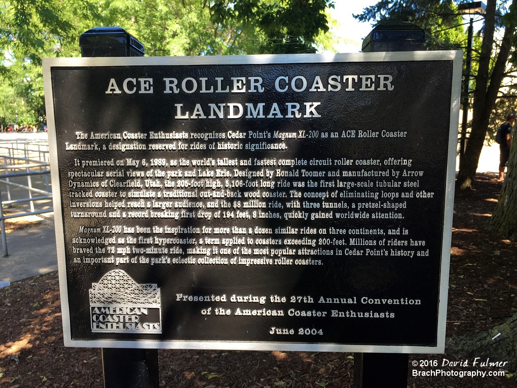 Sign seen outside of Magnum presented to the park by the American Coaster Enthusiasts (ACE).