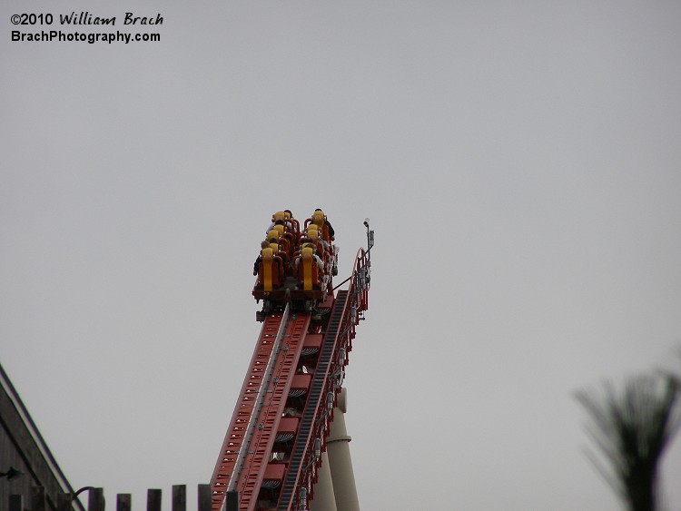 One of Maverick's six trains about to crest the lift and drop down the 95-degree drop.