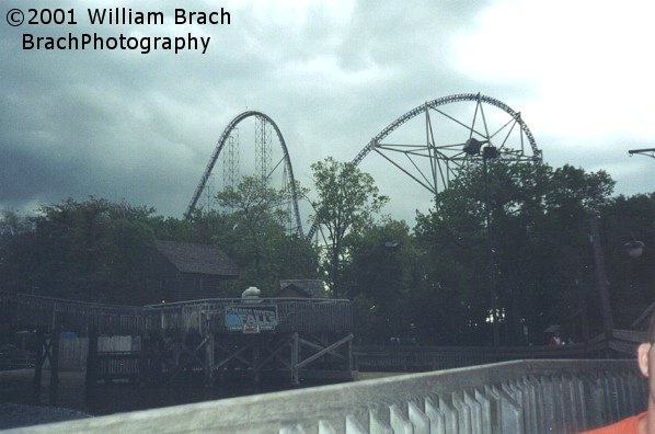 Millennium Force's signature lift and drop with the overbanked turn.  Seen from the footbridge over by Snake River Falls.