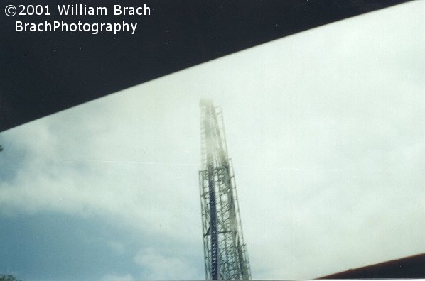 Millennium Force's lift hill in the fog.