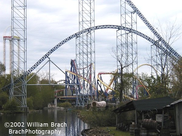 Here we see the third hill on Millennium Force with Mantis and Power Tower in the background.