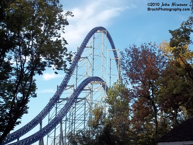 Here we see the second and third hills on Millennium Force.  Can you determine which one's which?