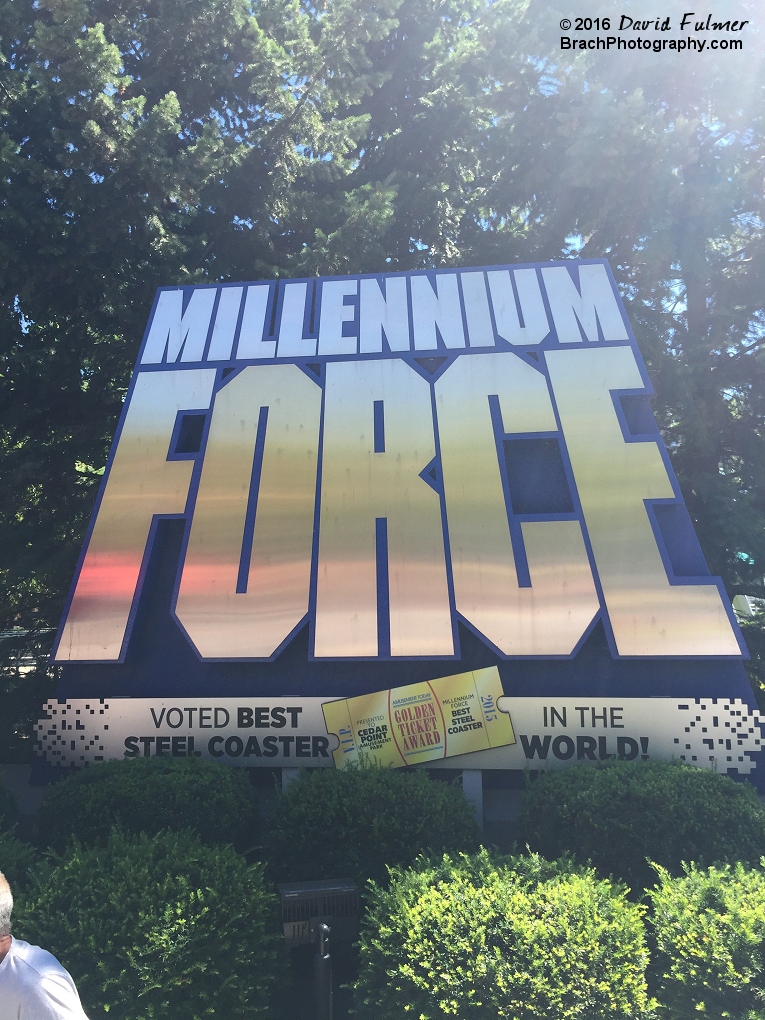 Entrance sign to Millennium Force at Cedar Point.  Glared from the sun.