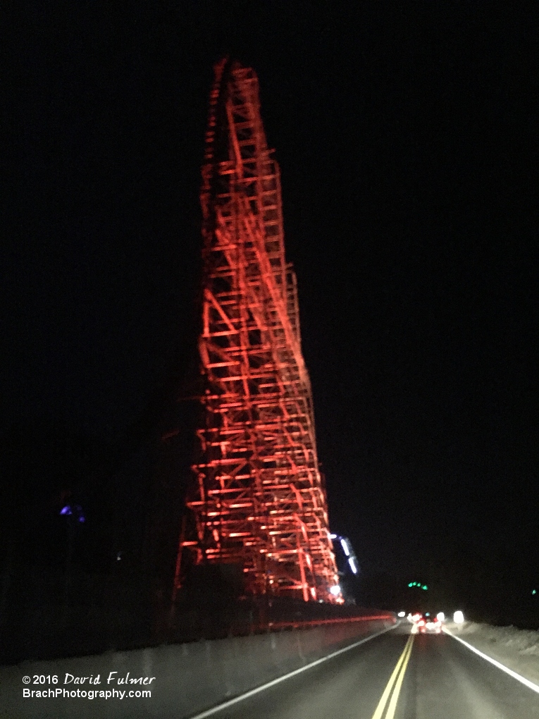 Beautifully lit up lift hill at night.