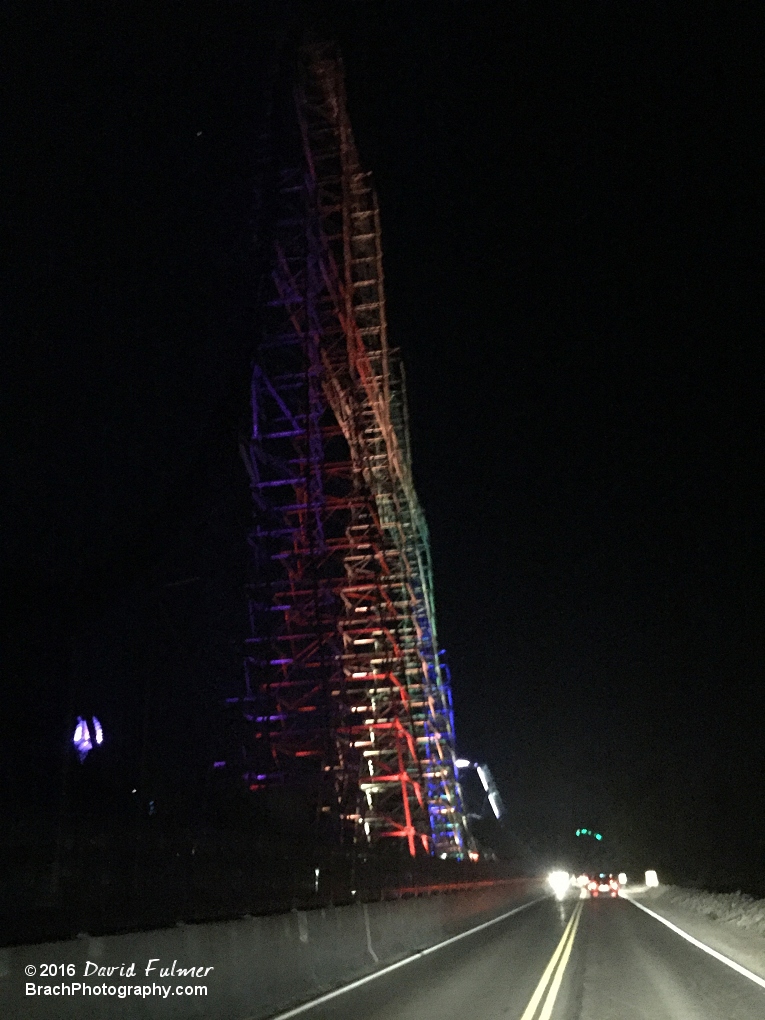 Beautifully lit up lift hill at night.