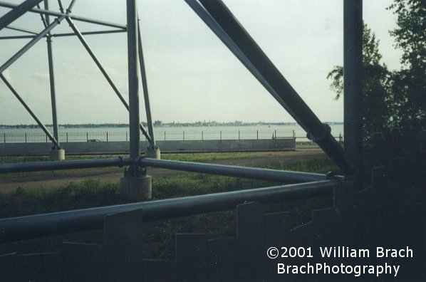 Through the supports of Millennium Force, you can see the skyline of downtown Sandusky, Ohio.