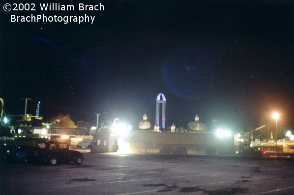 From the park's parking lot, you can see the Power Tower lit up at night.