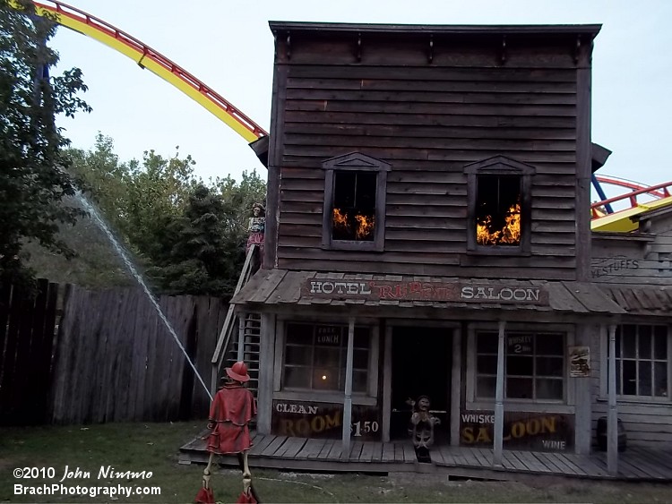 I have never ever seen anyone (or a skeleton) with that strong of a stream.  I think  the fire is to your right buddy.....