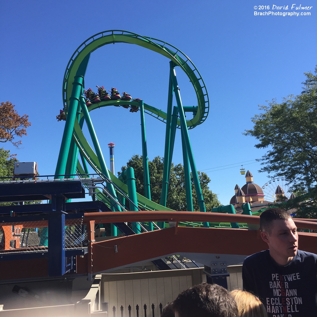 Raptor train exiting the cobra roll element seen from Valravn's queue.