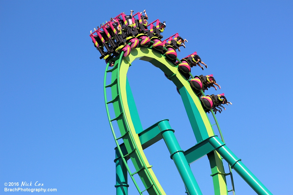 The ride going through the vertical loop.