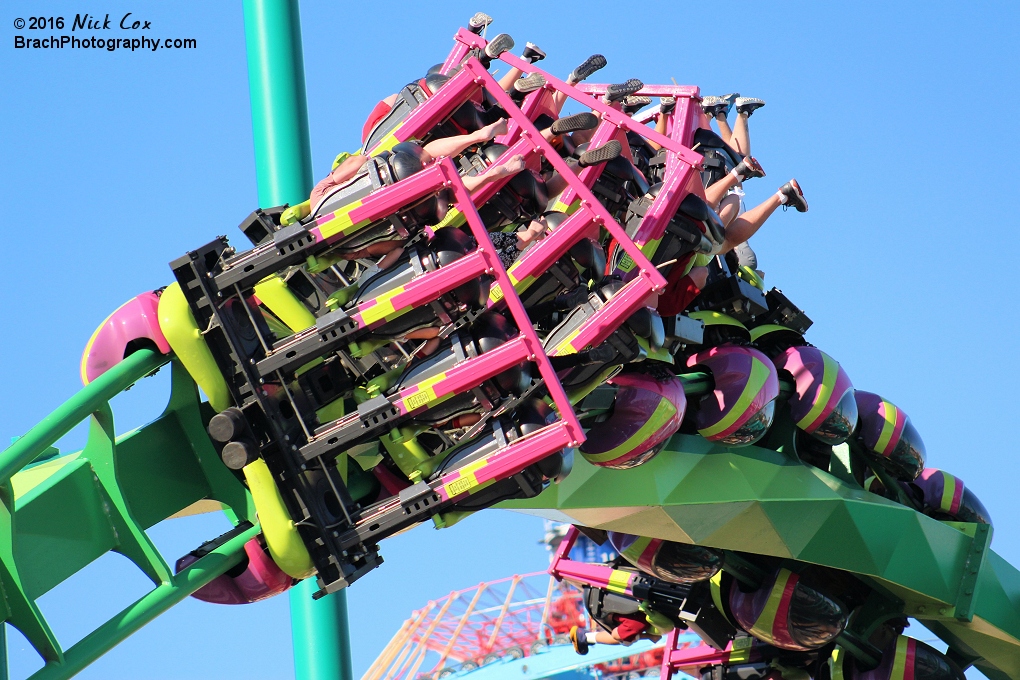 The ride going through the corkscrew.