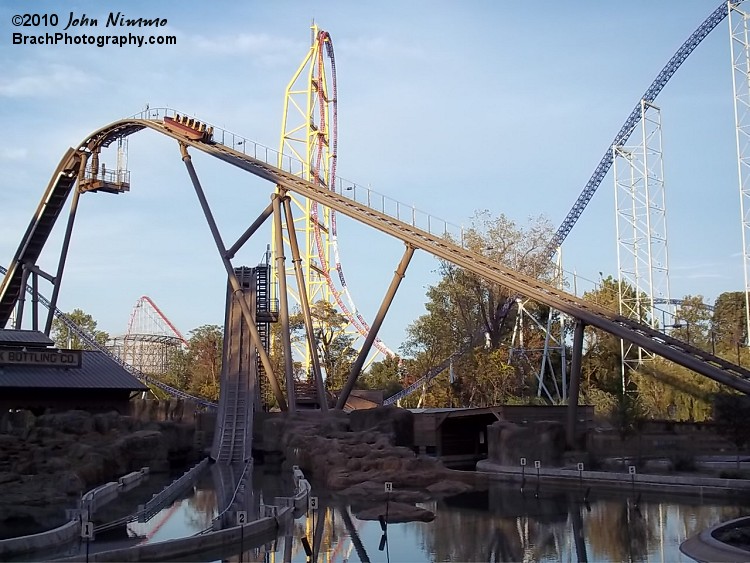 Here we see both lift hills with Top Thrill Dragster in the background.