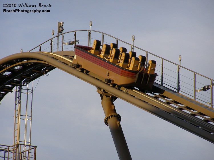 Here we see a boat that was stopped on the lift hill of Shoot the Rapids.