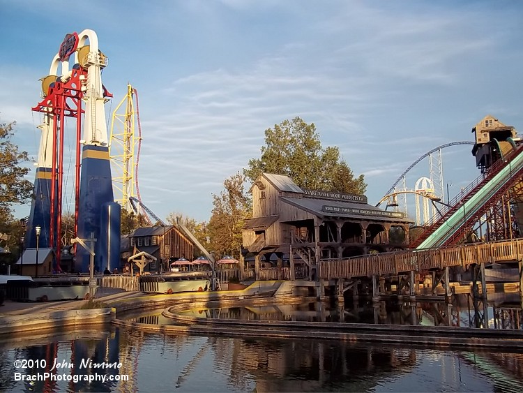 Here we see several rides along with the station for Snake River Falls.  Left to Right in the background we see: Skyhawk, Top Thrill Dragster, Shoot the Rapids (now defunct), Power Tower and Millennium Force.