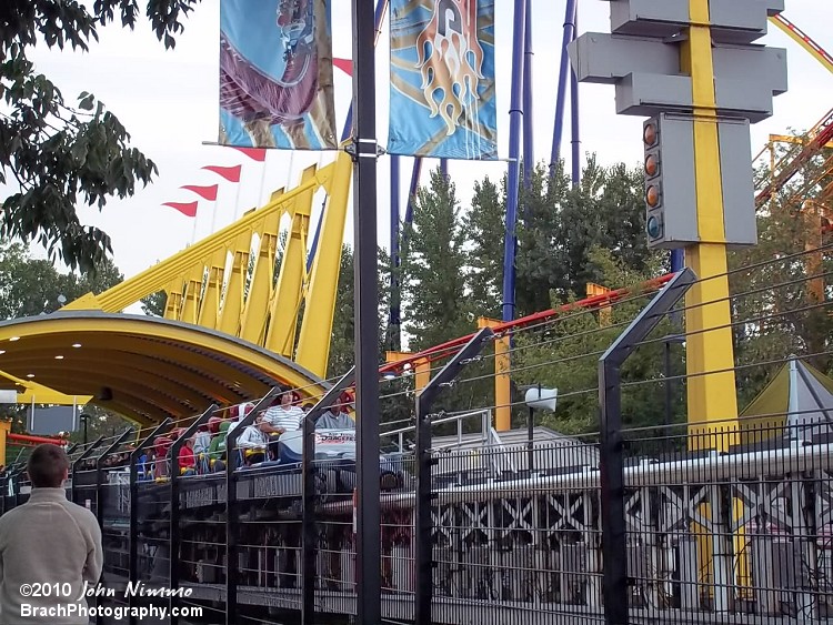 Dragster's station and a train sitting on the launch track.