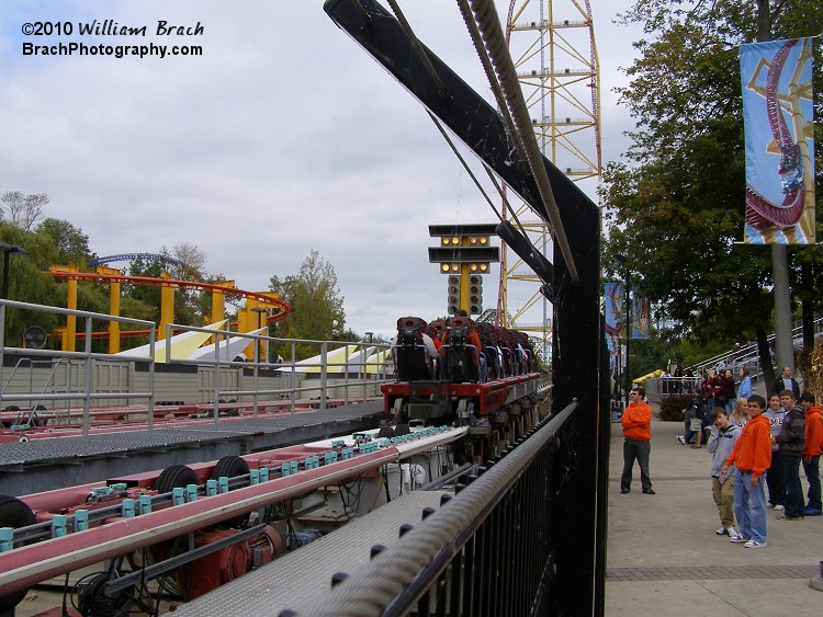 Red train just seconds before launch.