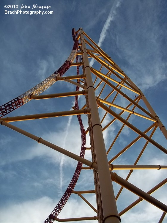 Looking up at Top Thrill Dragster's 420ft tall structure.