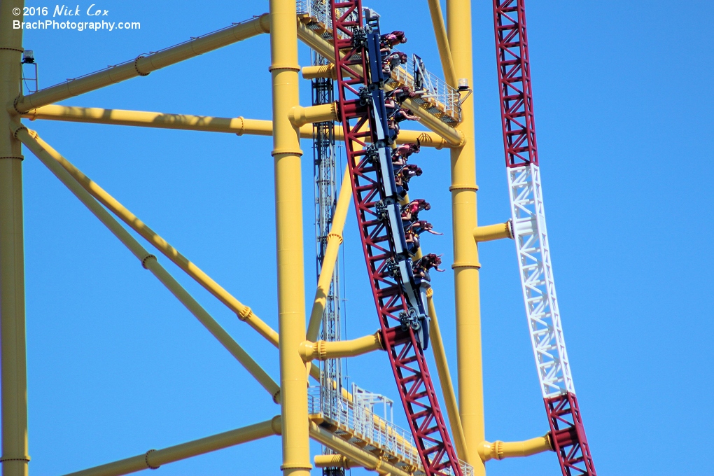 The train plummeting down the drop.