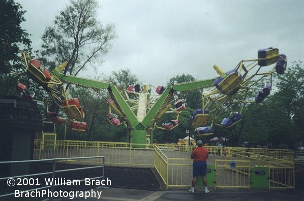 Troika in its location near Corkscrew.  Troika was moved infront of Disaster Transport to make way for Top Thrill Dragster in 2003.