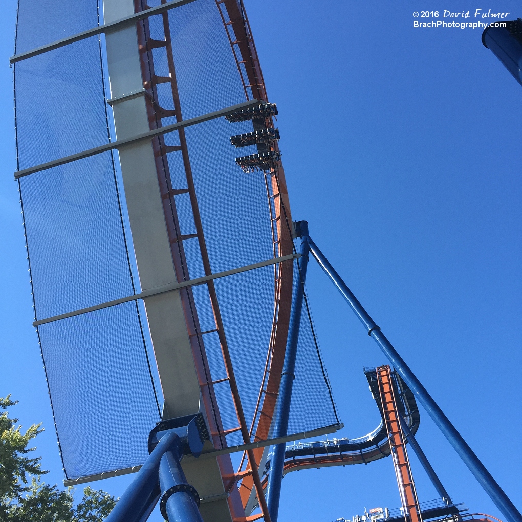 Valravn train going through the vertical loop after the first drop.