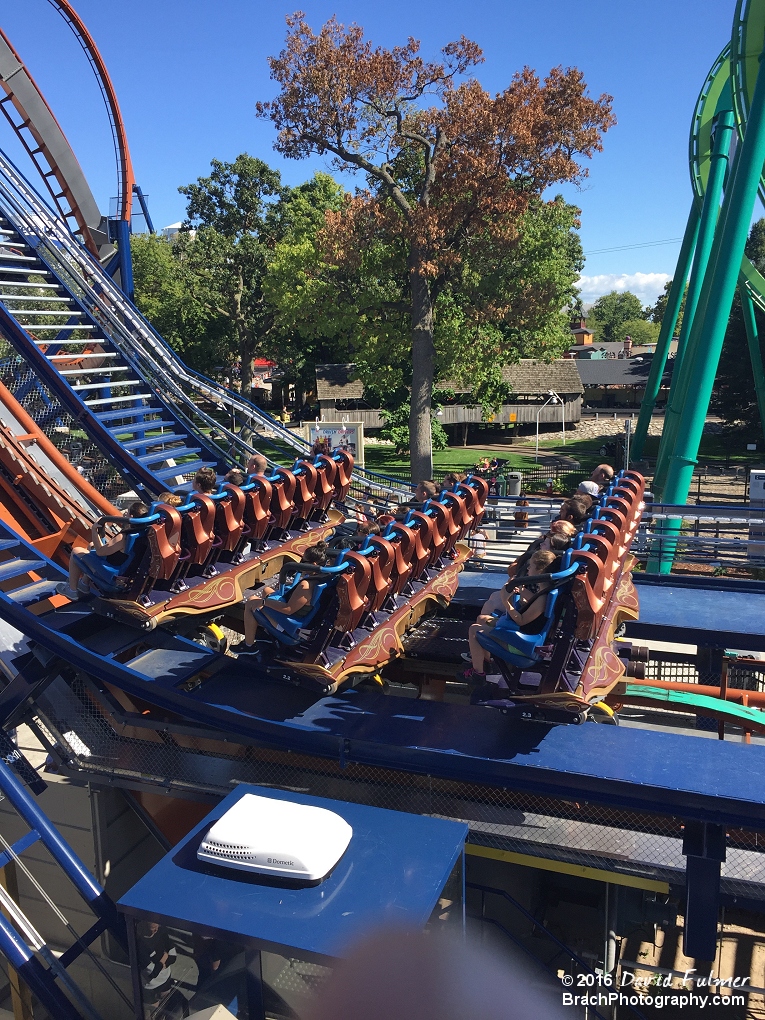 Train beginning the climb up the lift hill.  (frame 3 of 5)