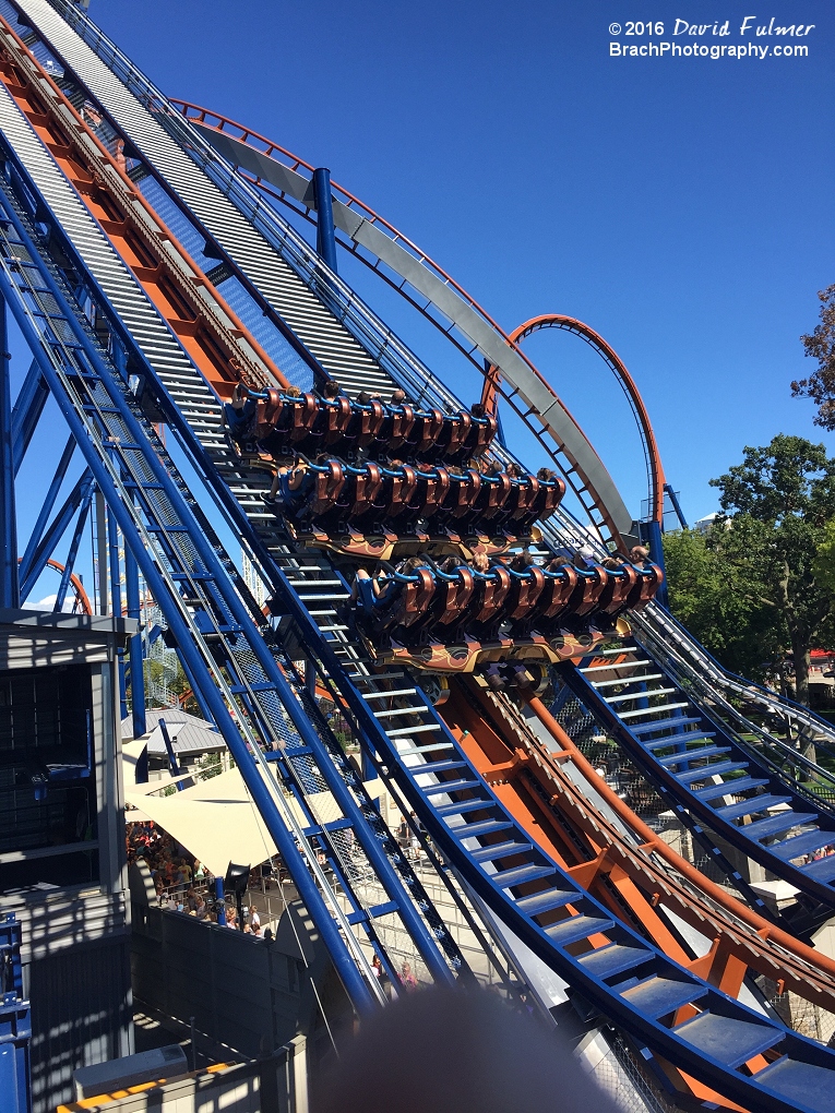 Valravn train climbing the lift hill.  (frame 4 of 5)