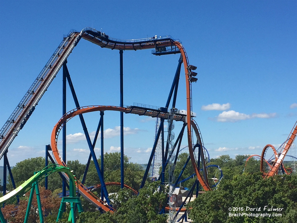 Valravn train dropping down the 90 degree drop.  (frame 2 of 2)