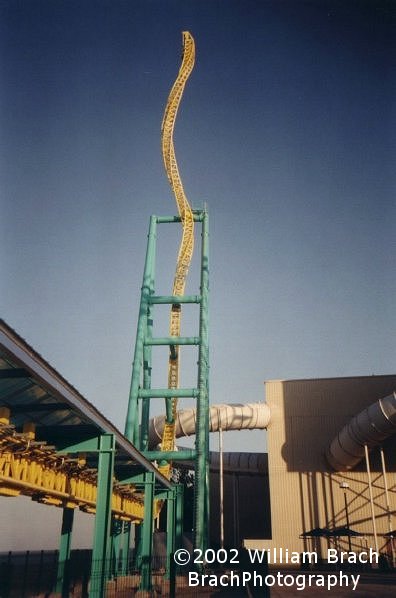 Wicked Twister opened at Cedar Point in 2002.  Wicked Twister is the first Impulse coaster with both spikes twisted.  Most Impulse coasters have one straight track with a set of brakes, and one twisted.  This one has both spikes twisted.