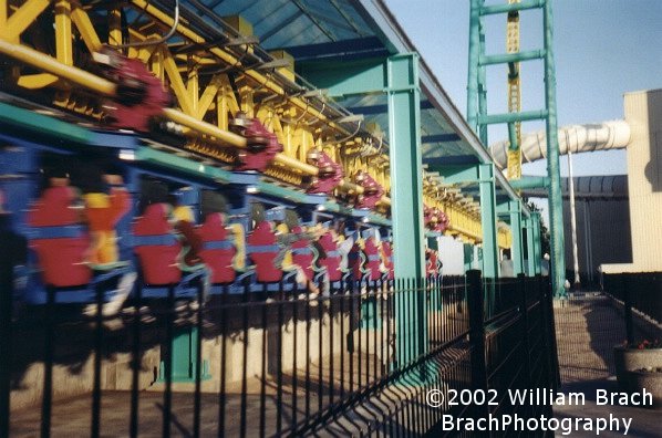 Wicked Twister train rushing through the launching magnets.