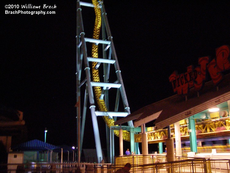 Wicked Twister's back spike at night.