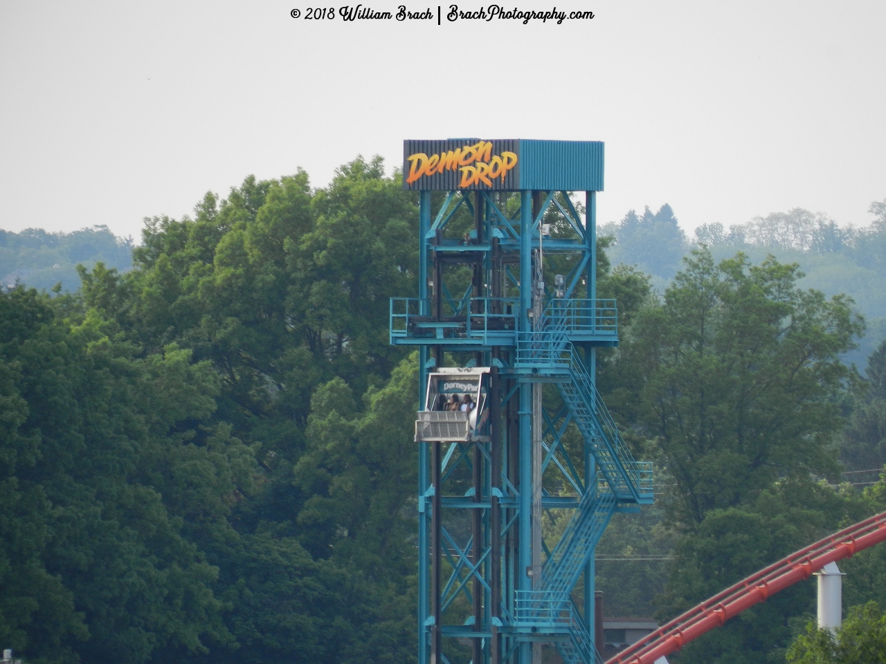 Demon Drop gondola cart going down the drop!