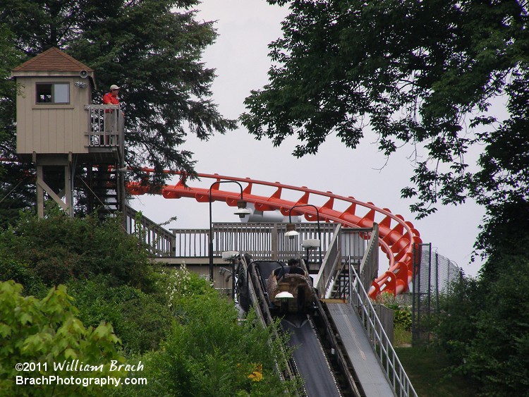 Log going up the lift hill with Steel Force in the background.