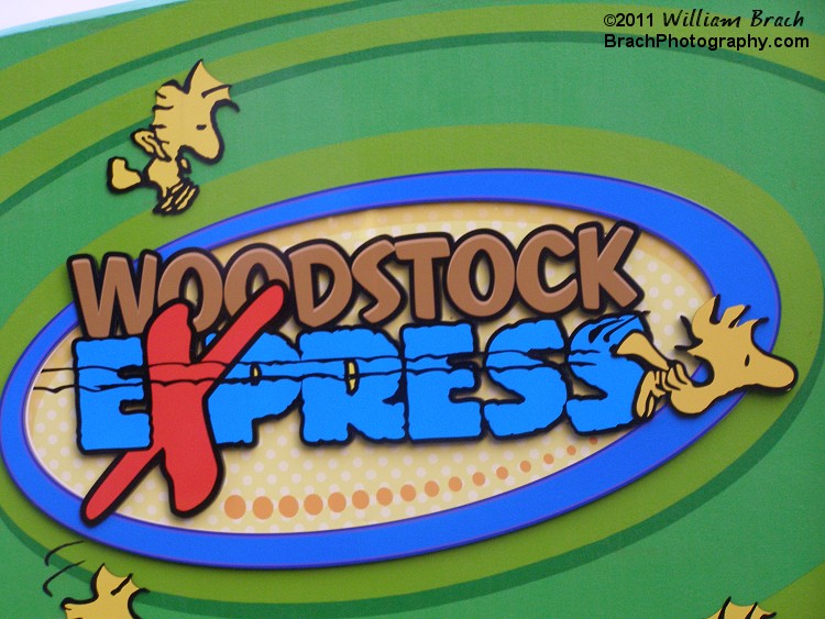 Entrance sign to Woodstock Express inside Planet Snoopy at Dorney Park in Allentown, Pennsylvania.