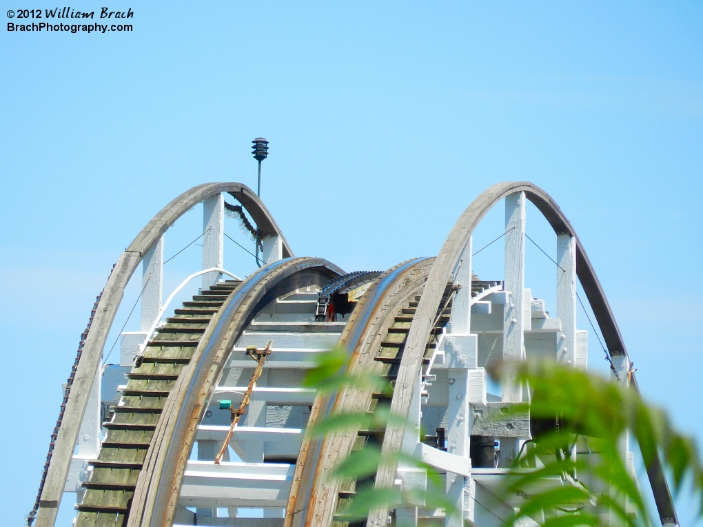 Closeup view of the top of Comet's lift hill at Hersheypark.