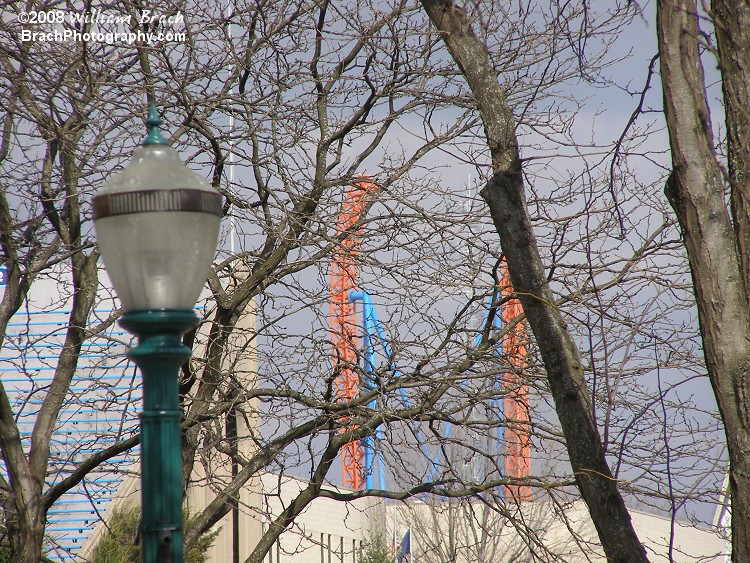 Seen beyond the stadium, through the trees, an uncompleted lift and drop on Fahrenheit.  Photo taken in March 2008.