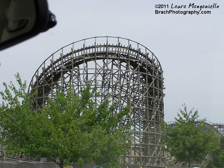 One of the many turns that Lightning Racer has.  Seen from outside the park.