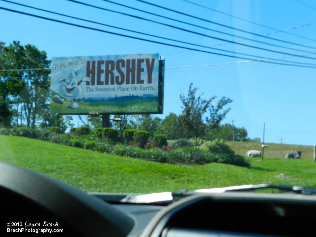 Billboard welcoming visitors to Hershey, Pennsylvania!